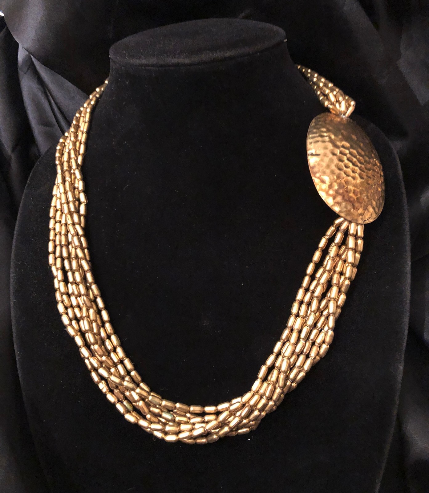 Hammered Brass Statement Necklace Mid Century MOD Multi-Strand Pendant Vtg 20″