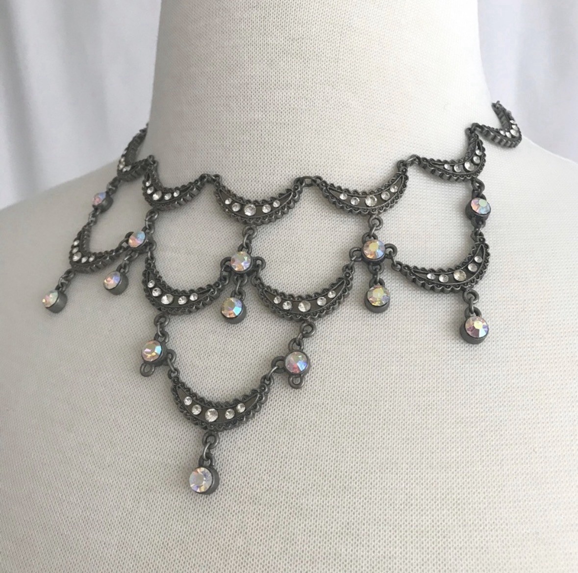 Vintage Crescent Scallop Necklace Iridescent Rhinestone Crystals Pewter Gunmetal
