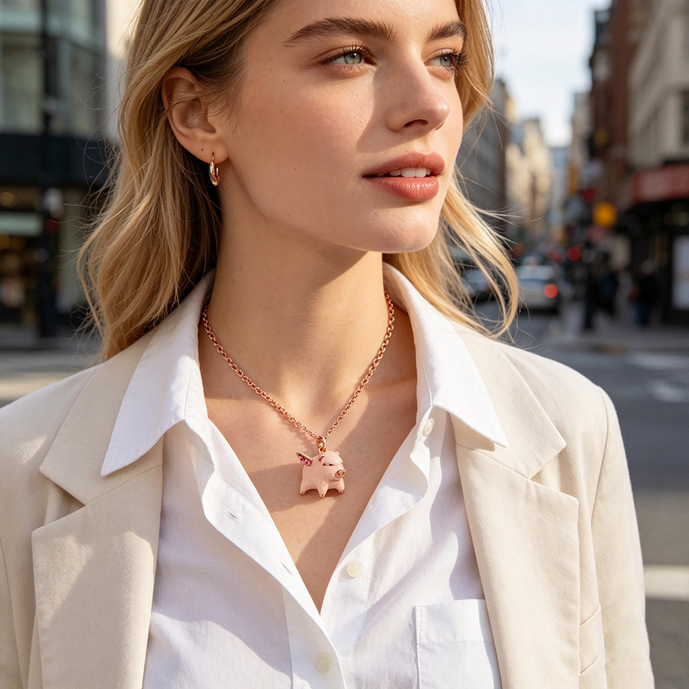Cute Pink Enamel Flying Pig Short Necklace Crystal Wing Rose Gold Women Jewelry