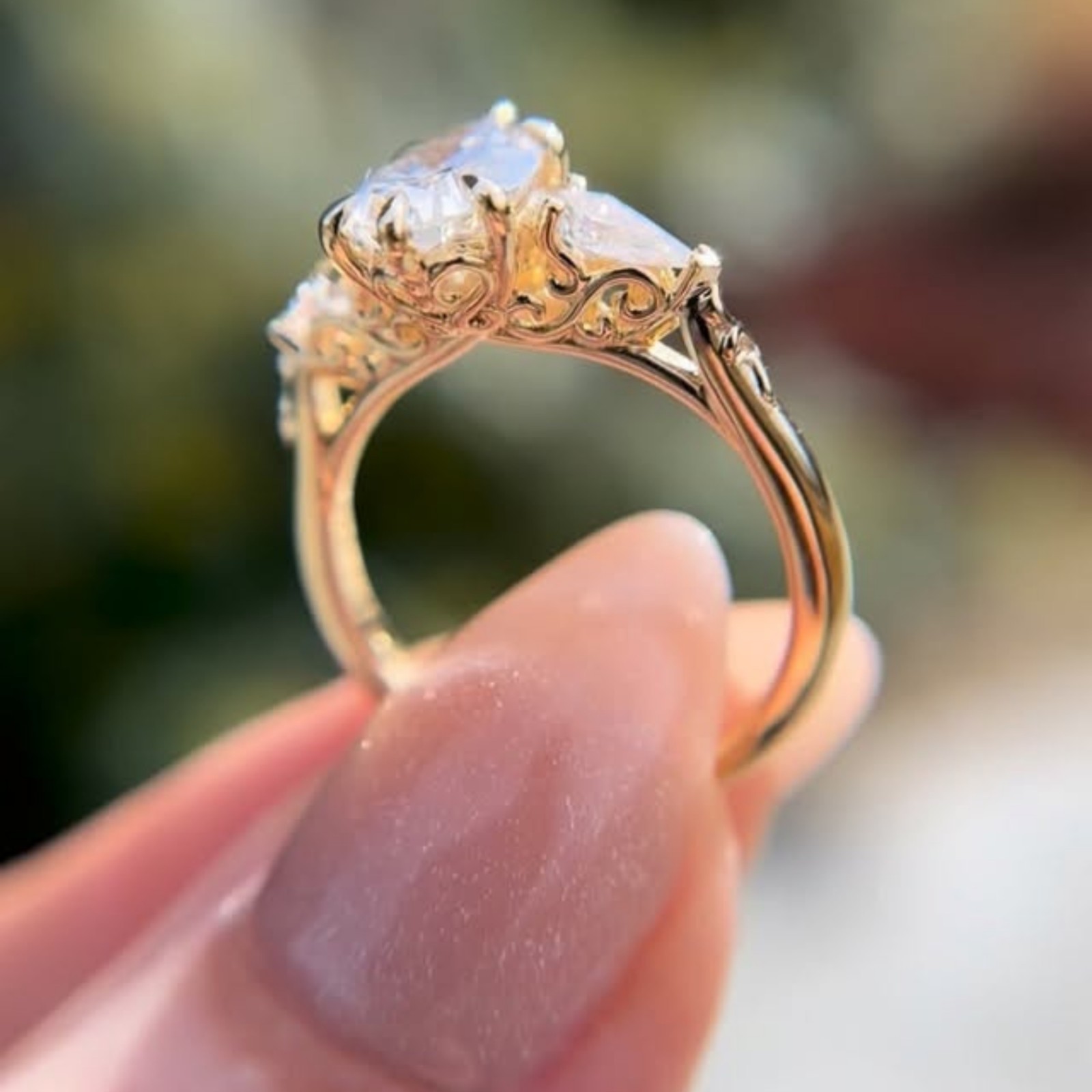 Floral 3 CT Pear Three Stone Moissanite Side Stone Kite 14K Yellow Gold Plated