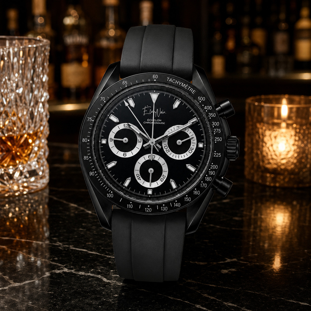 Custom Élan Noir Mens Chronograph Watch Black Dial Sapphire Crystal Steel 40mm