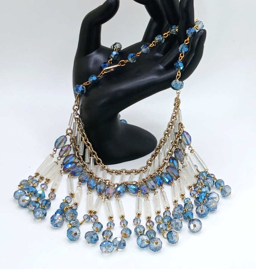 Vtg West Germany? faceted crystal & acrylic tube bib fringe necklace post 1955