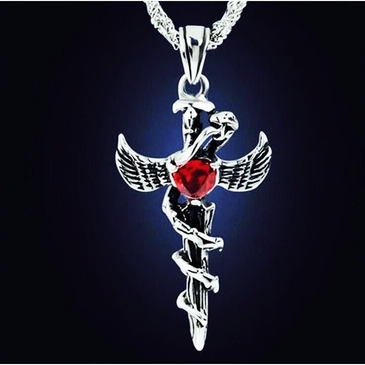 Antique 316 Stainless Sword Snake Wing Wheat Chain Red Unisex Vintage Necklace