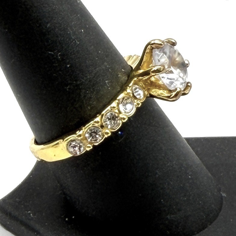 Gold Tone Clear Stone Ring Size 8.5 Solitaire Bridal Style Pageant WATCH VIDEO