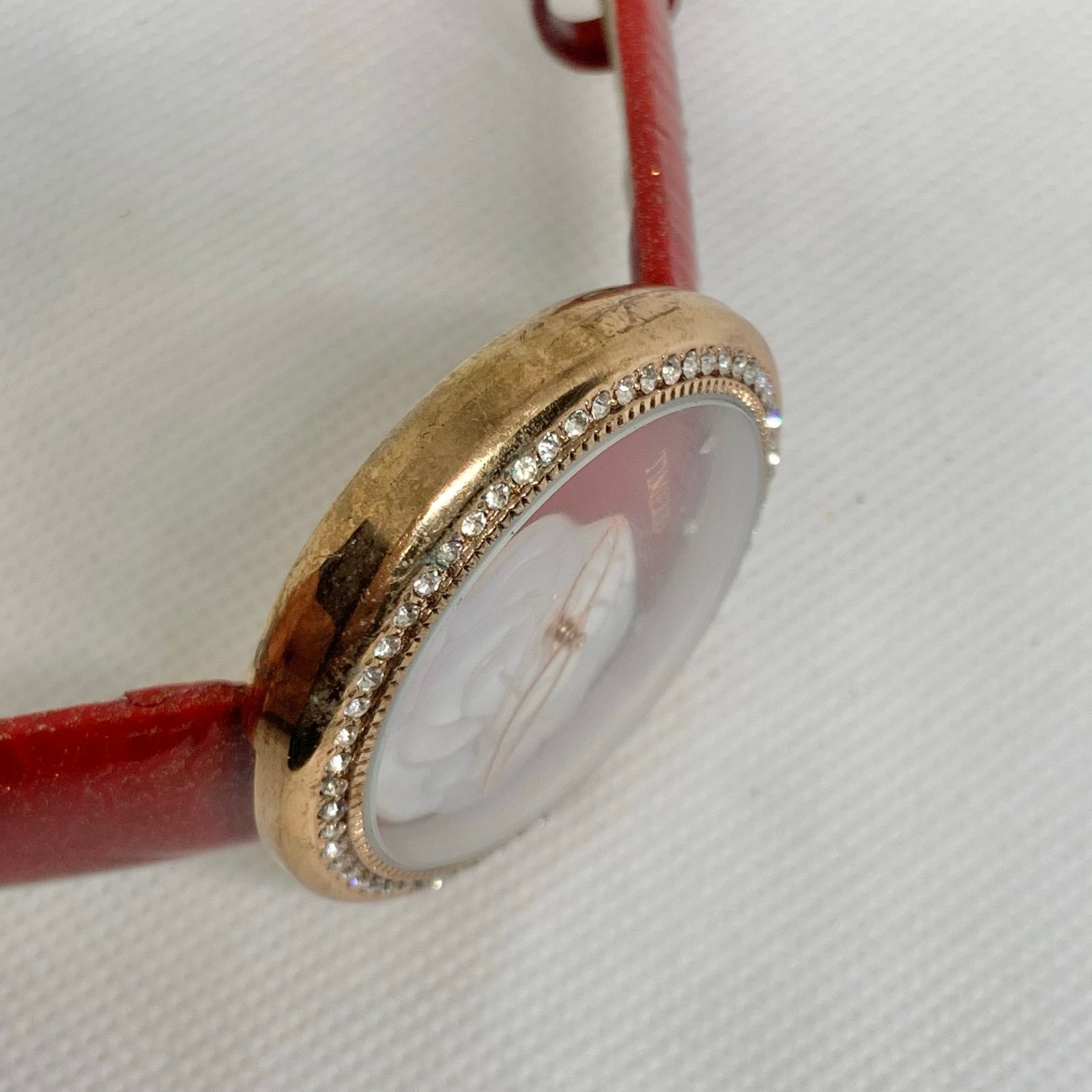 Timeco women’s watch floral dial rose gold tone 40mm red leather band running