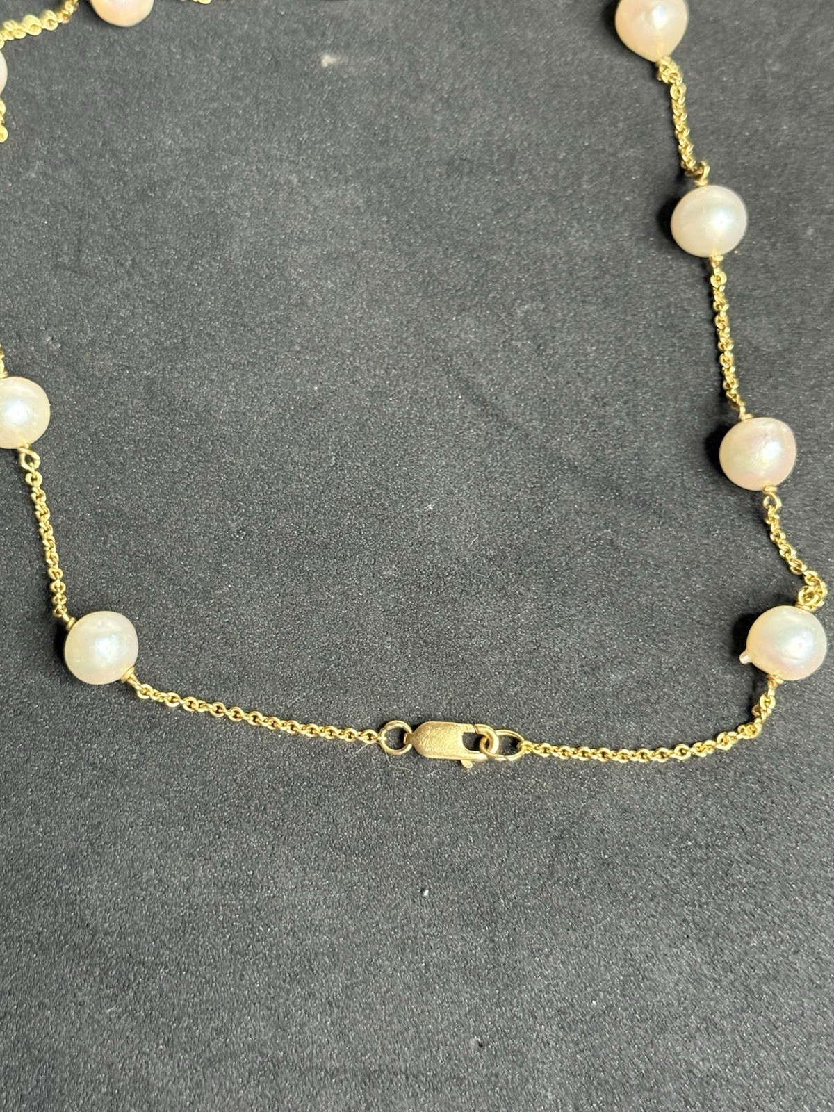 18K Yellow Gold JSP Tested Pearl Station Necklace 11 Real Pearls 12g