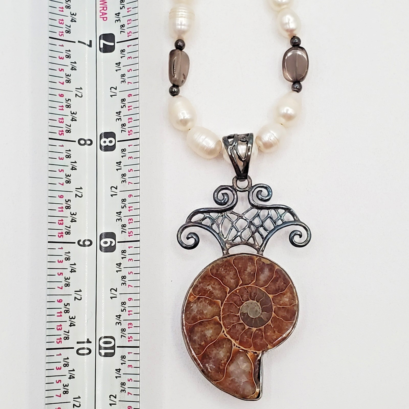 VTG 925 Ammonite Fossil Pendant Pearl Glass 16in Necklace Sterling Silver 40gtw