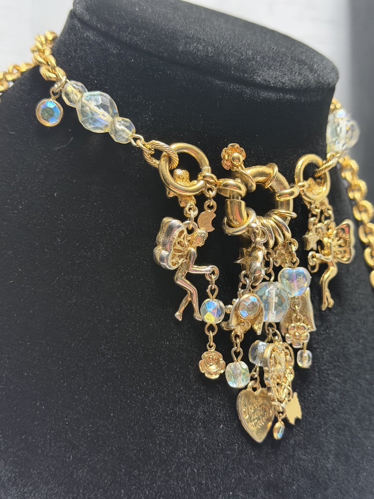 Vintage Kirks Folly Charm Necklace Dance w/Fairies AB Crystals & Charms Signed
