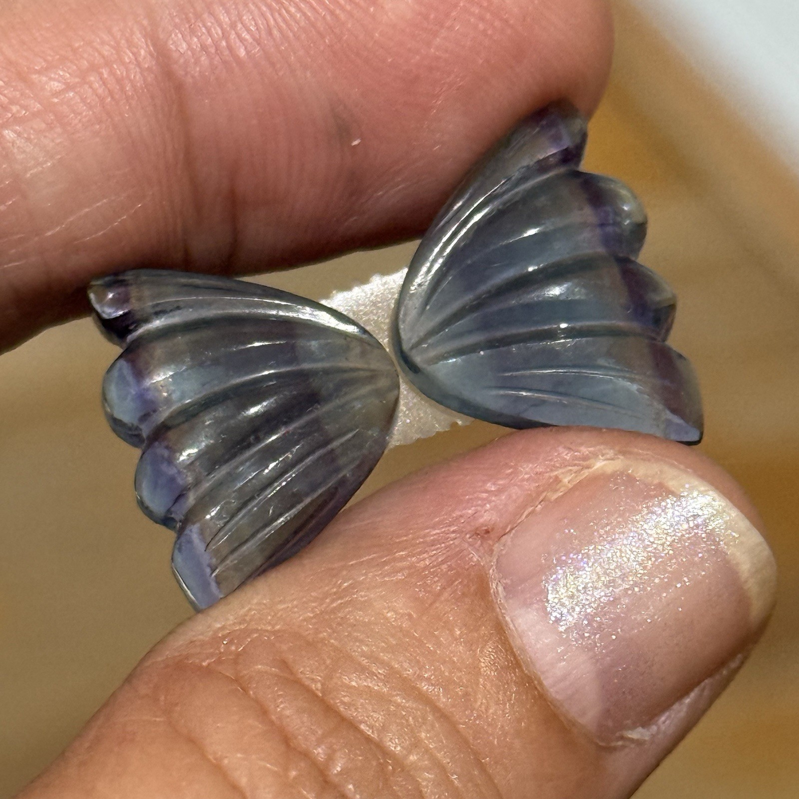 18ct 18×13.5x5mm Pair Fine Purple Blue Fluorite Carved Butterfly Wings Cabochons