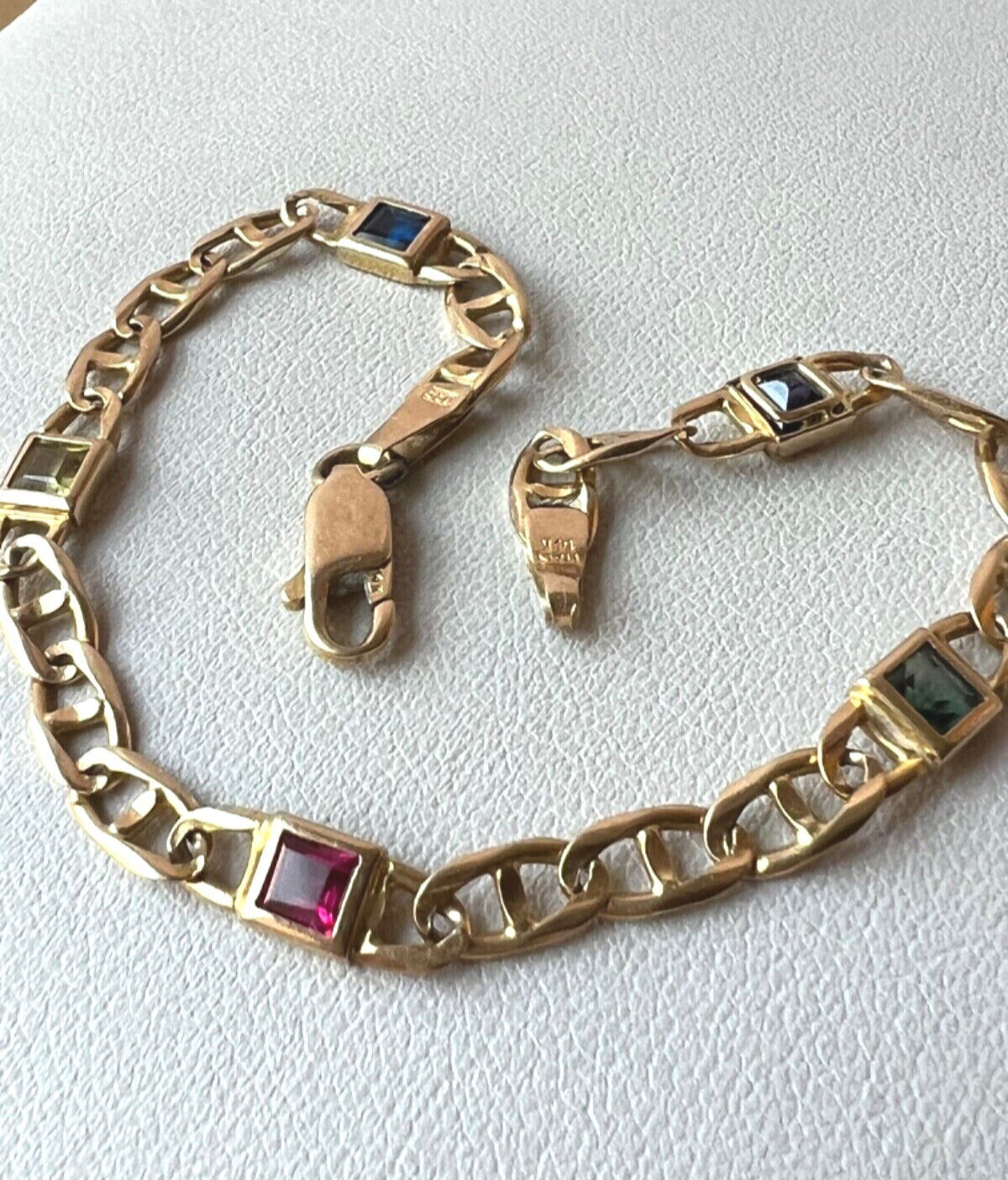 14K YELLOW GOLD MULTI GEMSTONES FIGARO BRACELET MADE IN ITALY CANDY COLORS