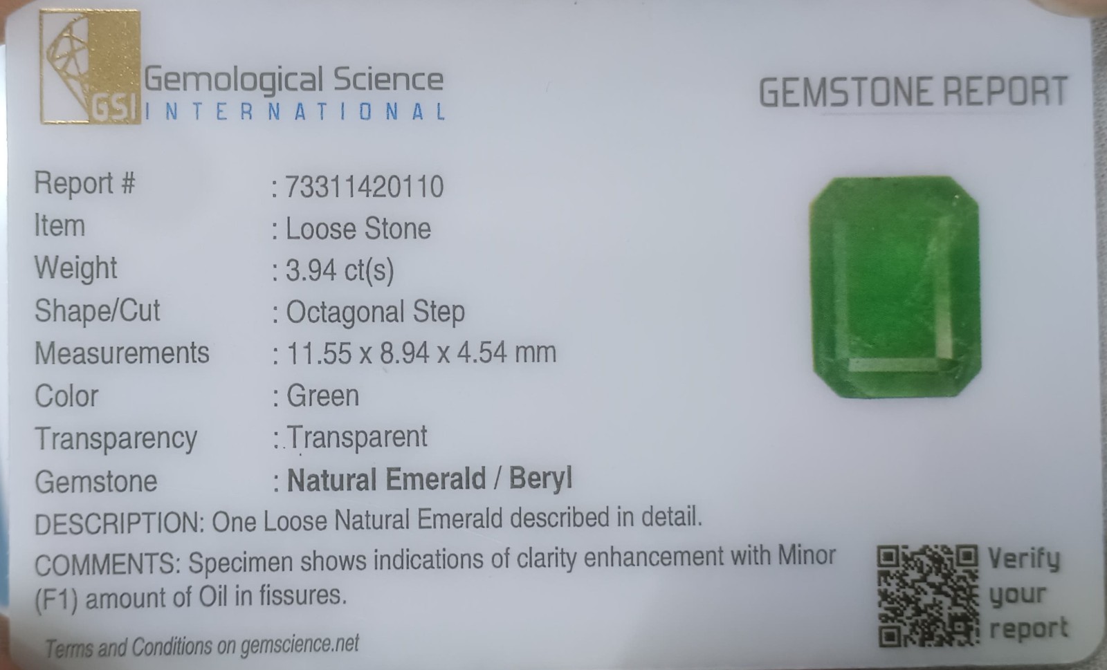 GSI USA Certified 3.94ct Medium Green Natural Zambian Emerald.