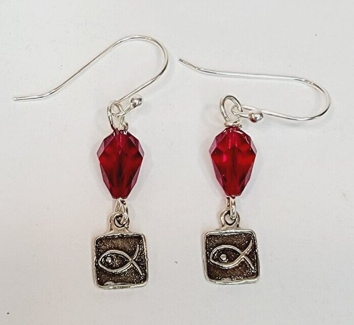 Hypoallergenic Dangle Earrings With Swarovski Crystals Red Color And Jesus Fish