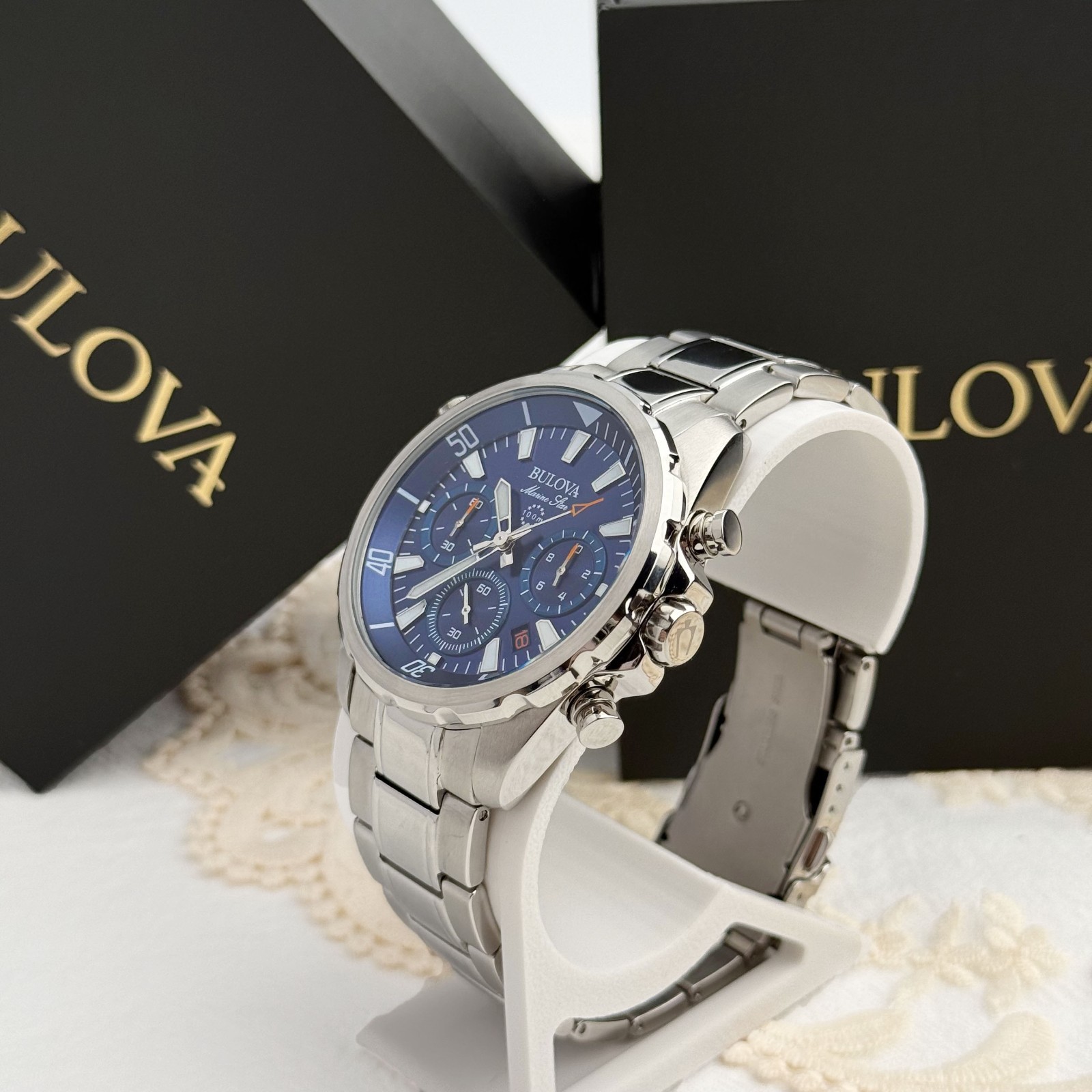 Buluva 96B256 Men’s Marine Star Chronograph Blue Dial Stainless Steel Watch 43MM