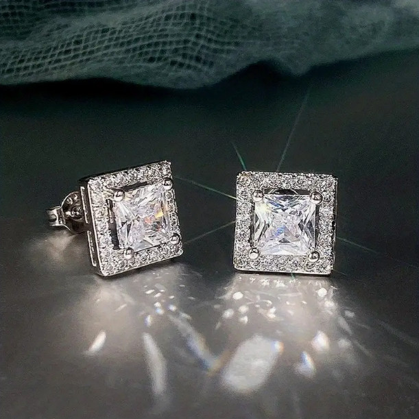 Cubic Zirconia Earrings Princess Cut Stainless Steel Post Back