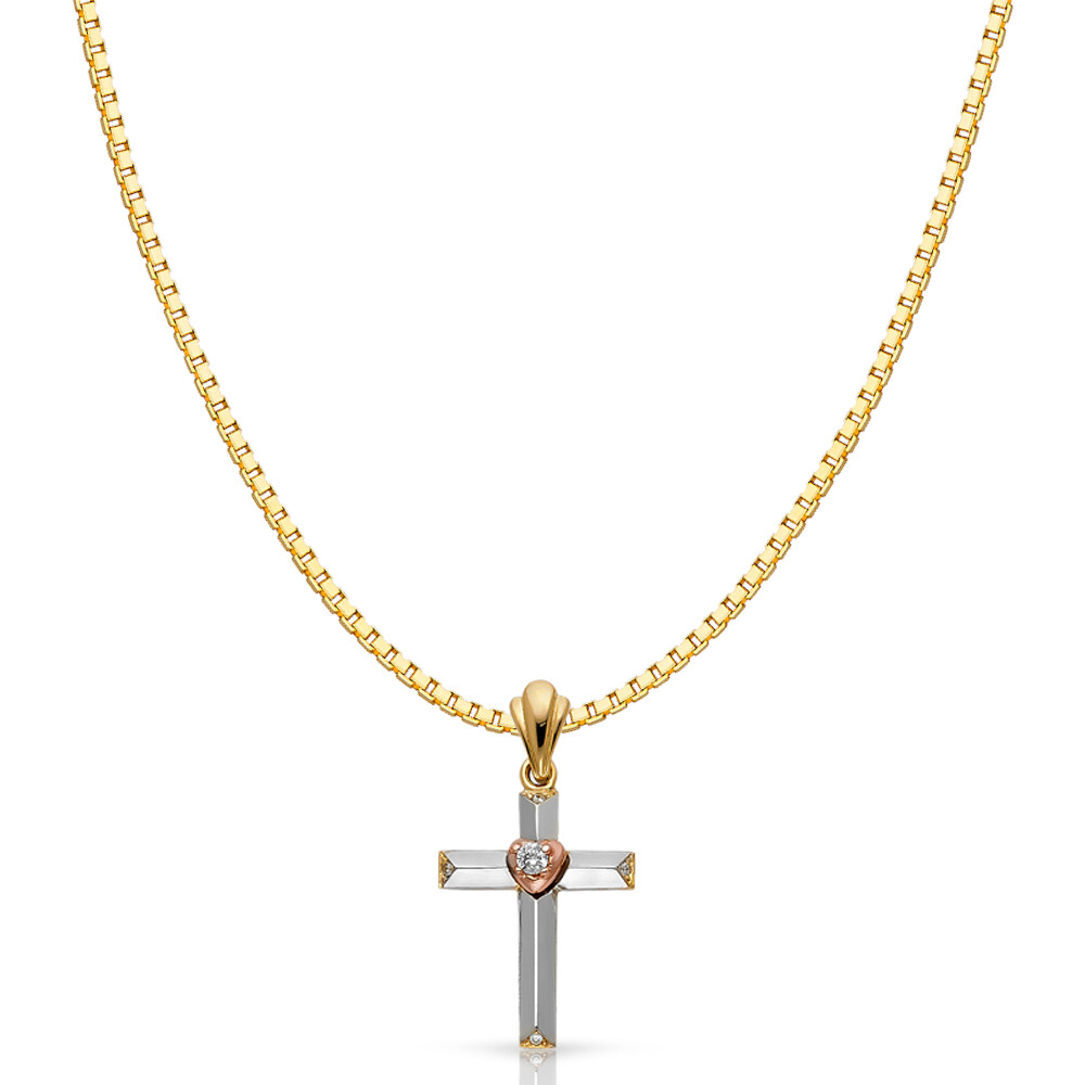 14K Tri Color Gold Religious Cross Charm Pendant with 1.2mm Box Chain Necklace