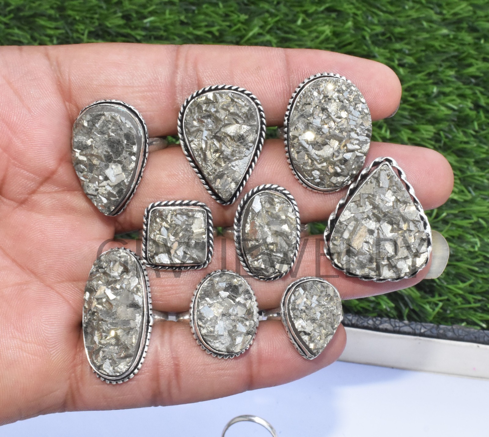 1-500 Pcs Pyrite Druzy In Wholesale Rings Lot: Silver Plated Whr-67