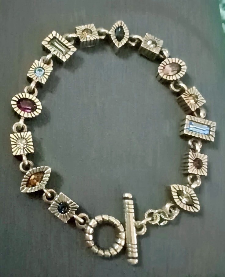 Patricia Locke Bracelet Silver Tone Multicolored Crystals Geometric Shapes 8”