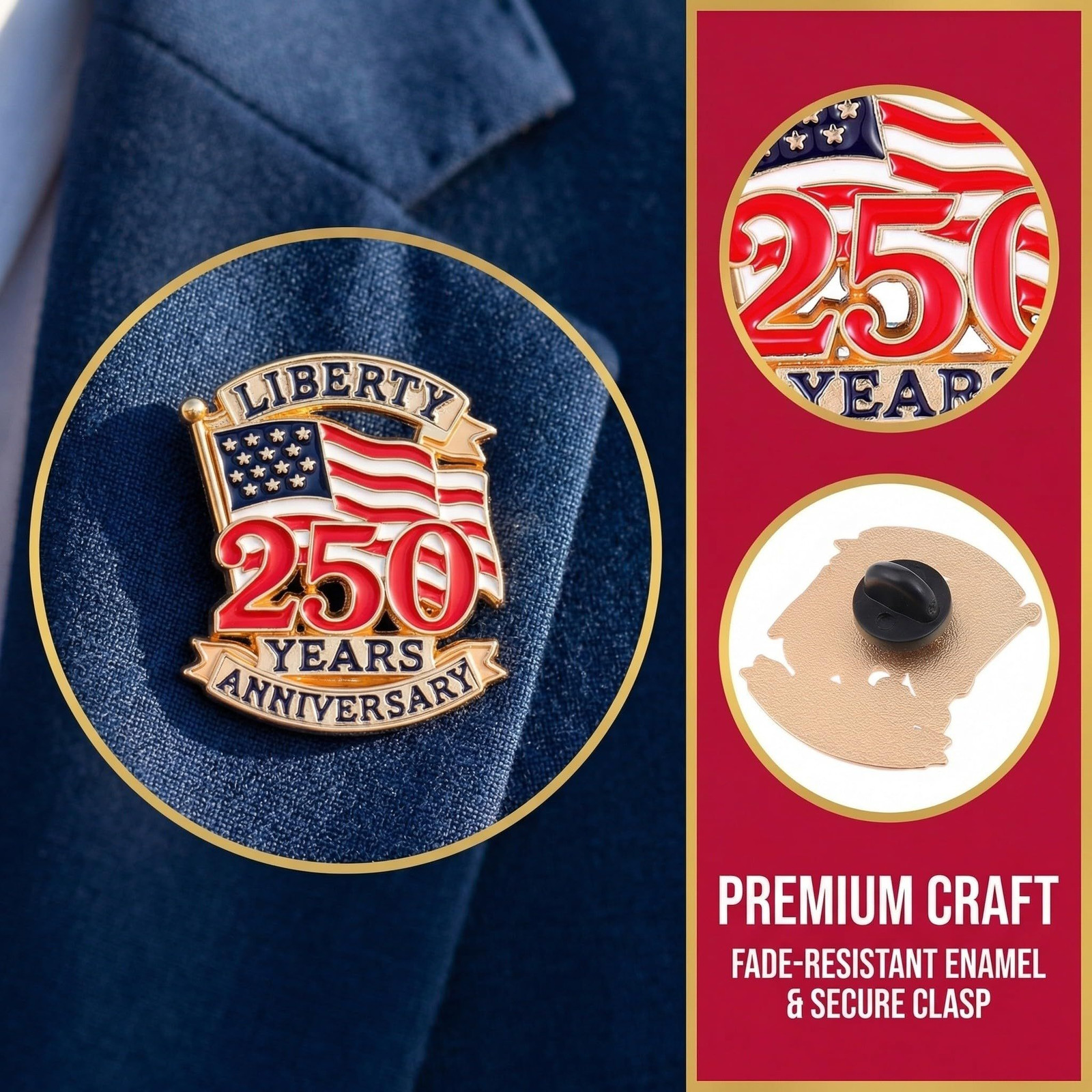 10 Pcs 250 Years America Flag Anniversary Pins, 3.00X2.50X1.00CM, Multicolor