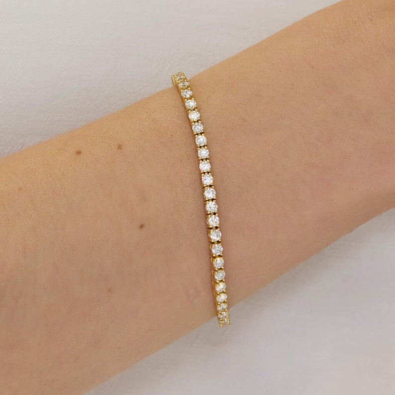 Promise Gift Tennis Bracelet Round Cut Natural Diamond 14k Solid Yellow Gold