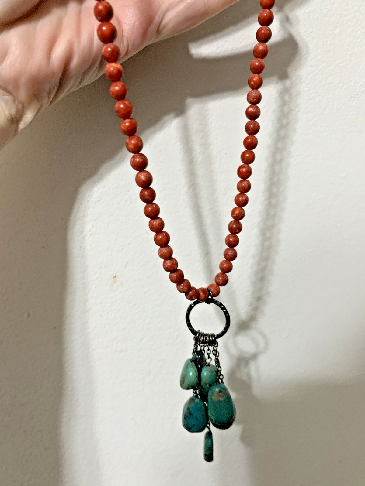 Southwestern Style Red Coral & Turquoise SS Beaded Necklace,Dangling Pendant,22”