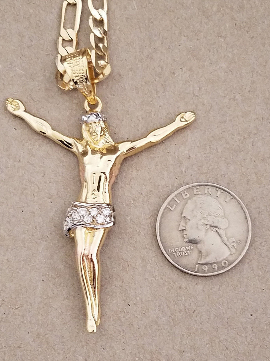 Men Yellow Gold Rhodium Plated 24in Figaro Chain & CZ Christ Open Arms Charm Set
