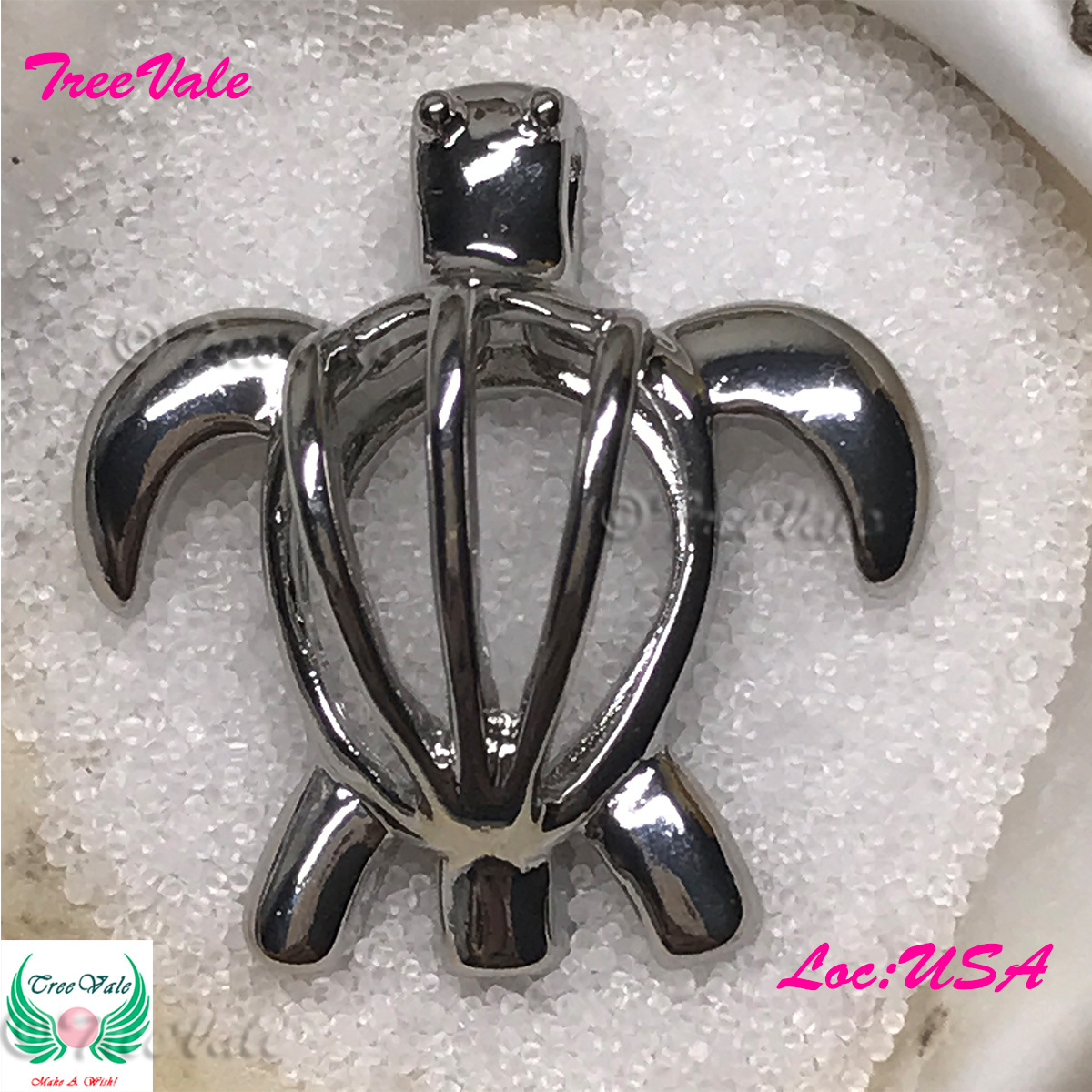 Turtle Rafael – Silver Plated – Locket Pearl Cage Pendant – Hold 6mm – 7mm Pearl