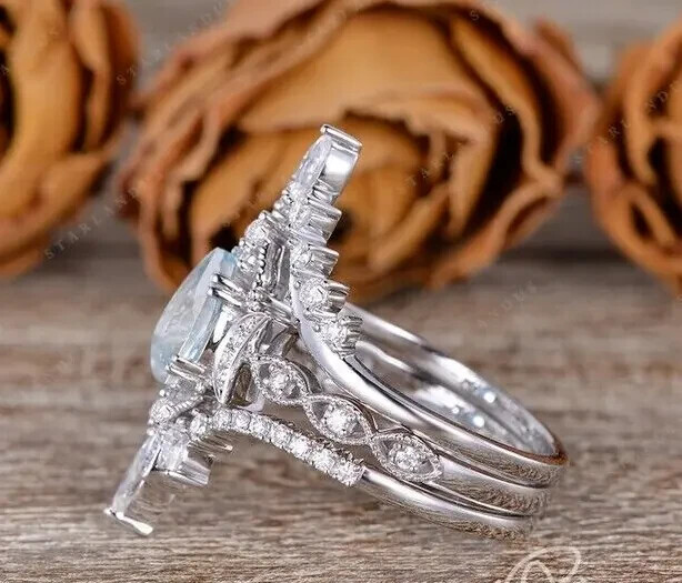 2Ct Pear Cut Lab Created Aquamarine Engagement Trio Ring 14K White Gold Plated