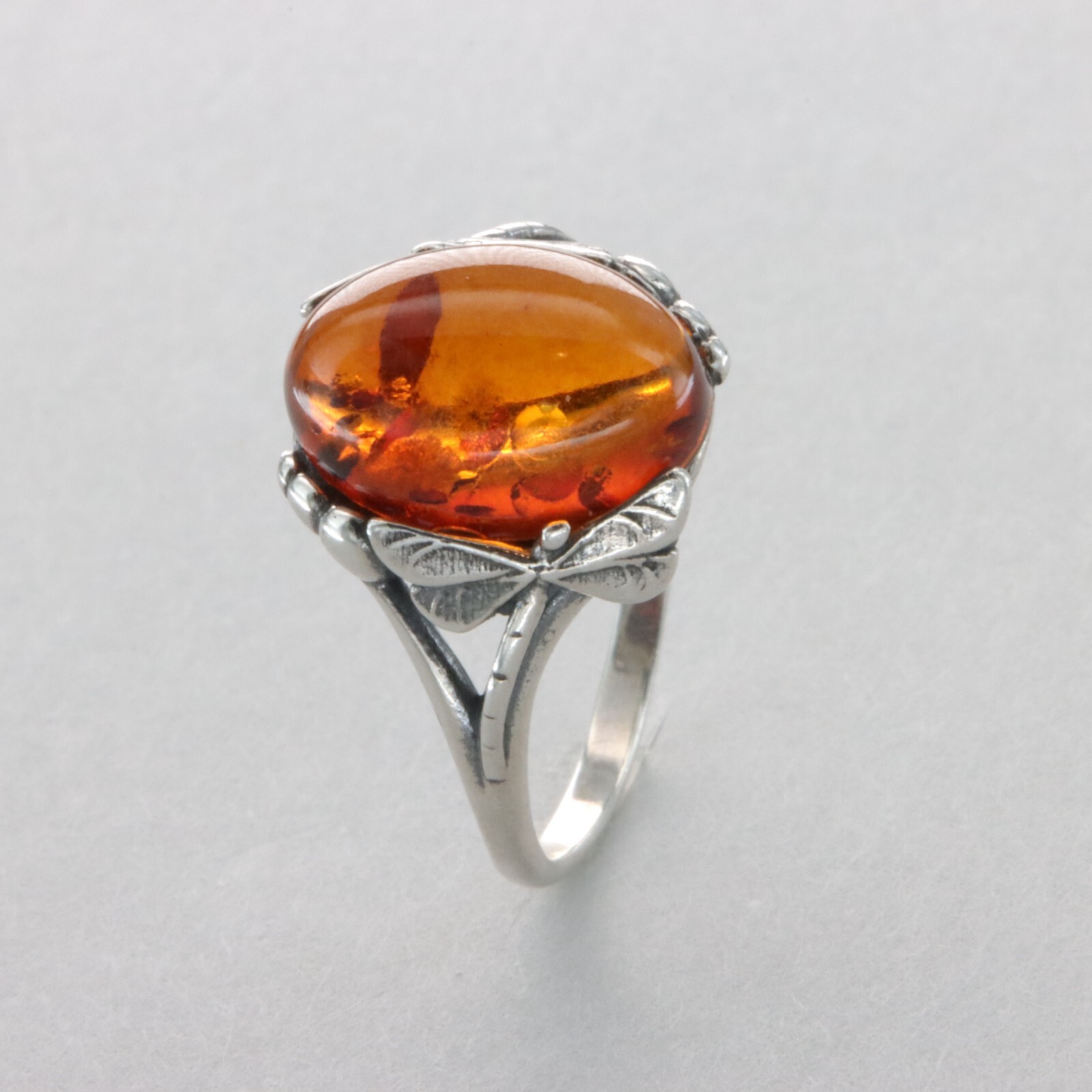 Oval Cognac / Brown BALTIC AMBER Dragonfly Ring 925 STERLING SILVER Poland #58e
