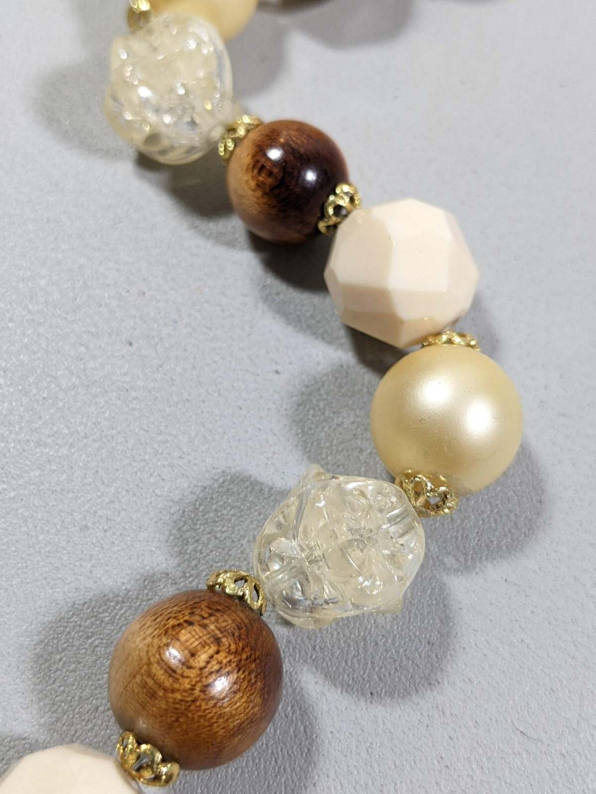 Vintage Ivory Color Brown wood Acrylic Faux Pearl Statement Necklace 28 inches