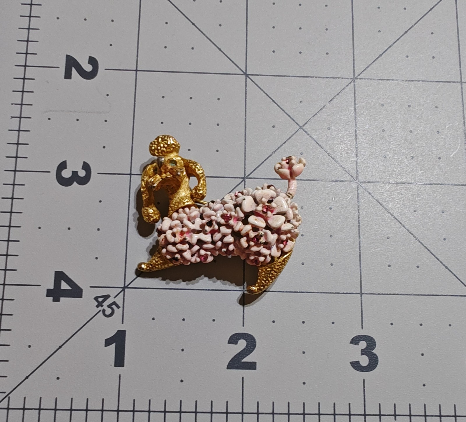 Signed Poodle Dog Brooch Pin Gold Tone Pink White Rhinestone Enamel 1.5 in