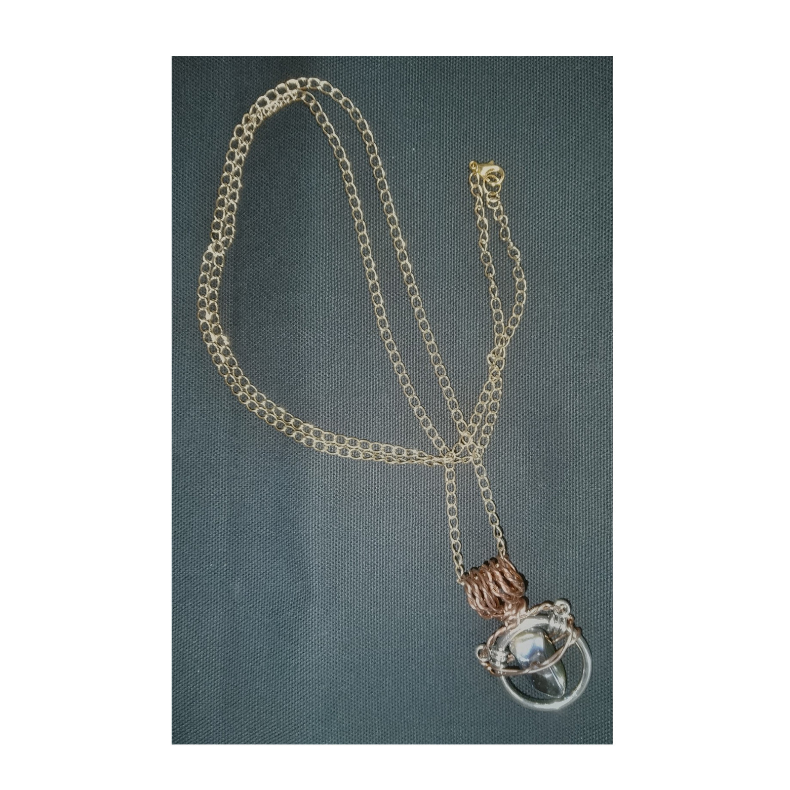 Gold Tone Cable Chain Necklace w/ Wire-Wrapped Hexagon Stone Charm Pendant