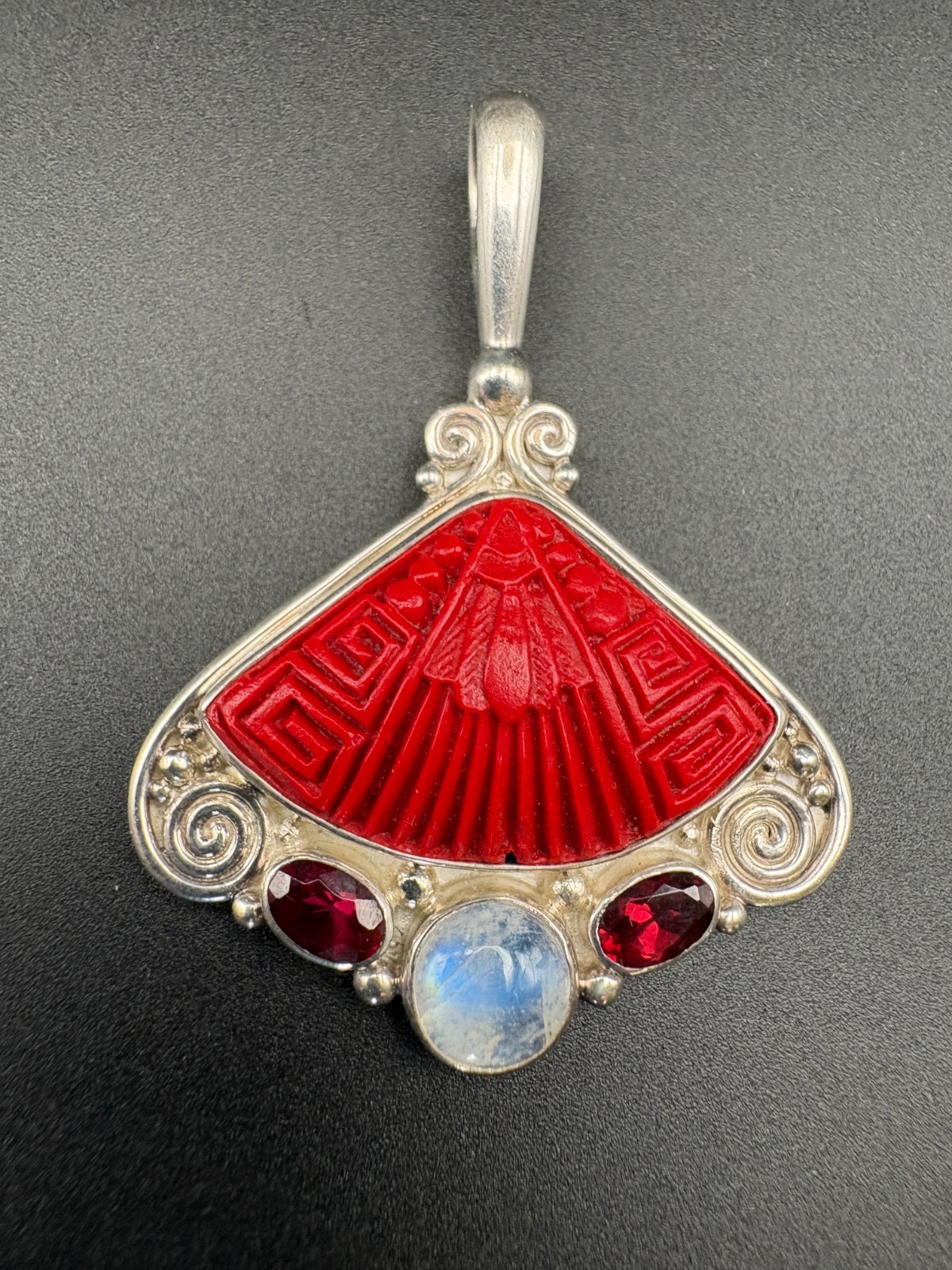 Sajen Sterling Silver Carved Cinnabar Fan Pendant with Moonstone & Garnet