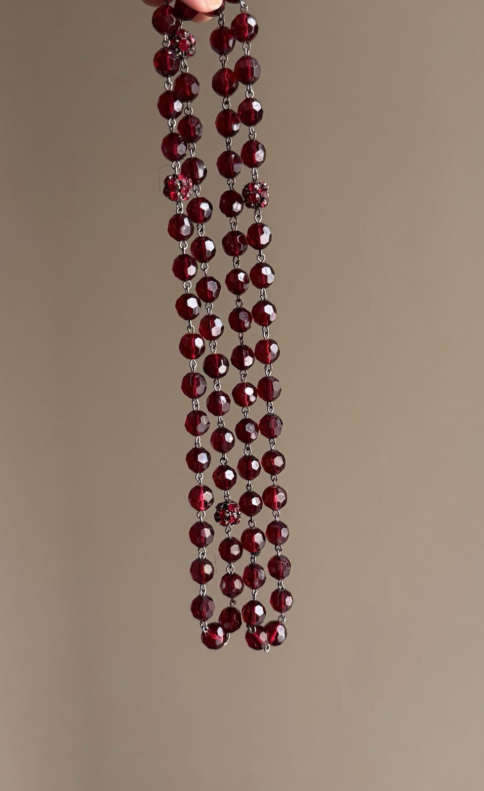Red Round Glass Beaded Layered Chain Necklace, Ball/Bead Chain, Beaded Style