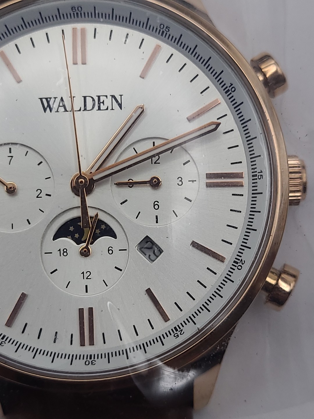 Walden 38mm Moon Phase Men Watch Quartz Rose Gold Tone Brown Band Date New