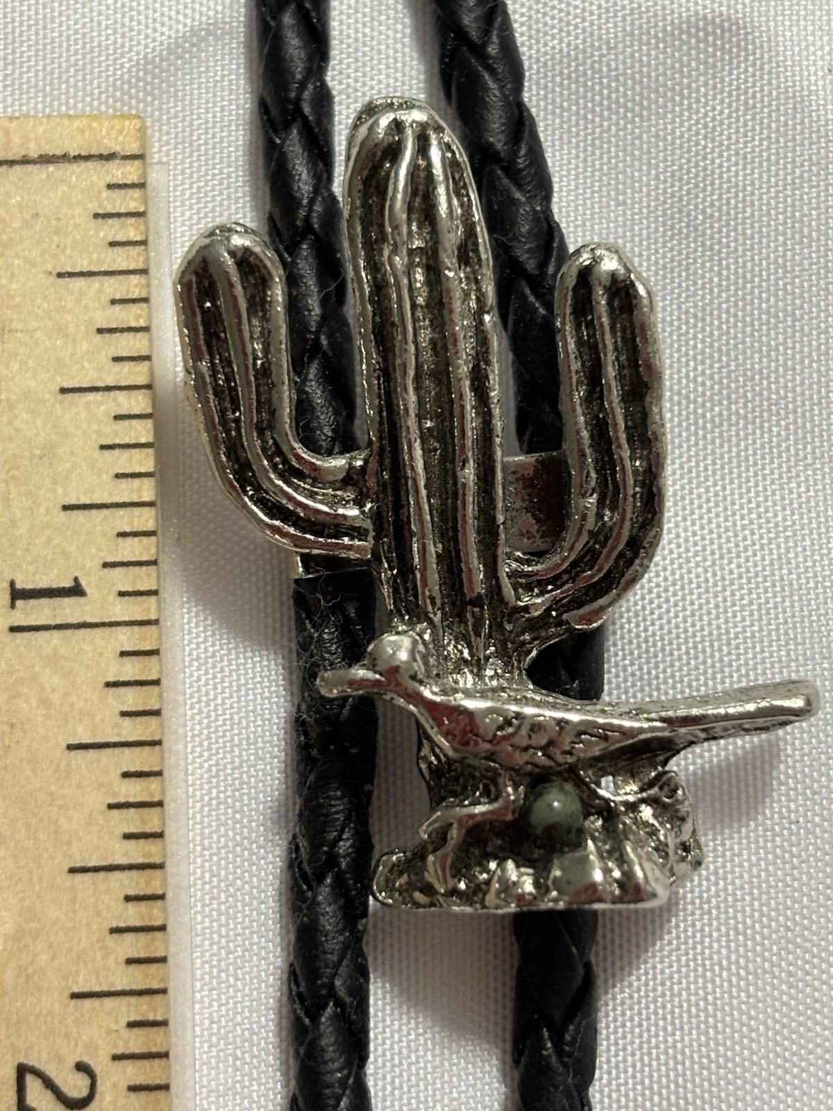 Black Leather Bolo Tie Silver Tone Saguaro Cactus Slide Western 36 in