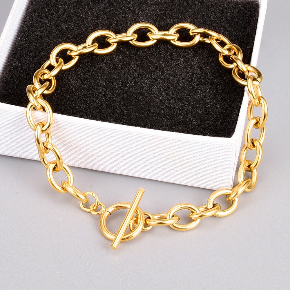 Woman Gold Plated Stainless Steel Rolo Link Chain Bracelet Bangle Toggle Jewelry