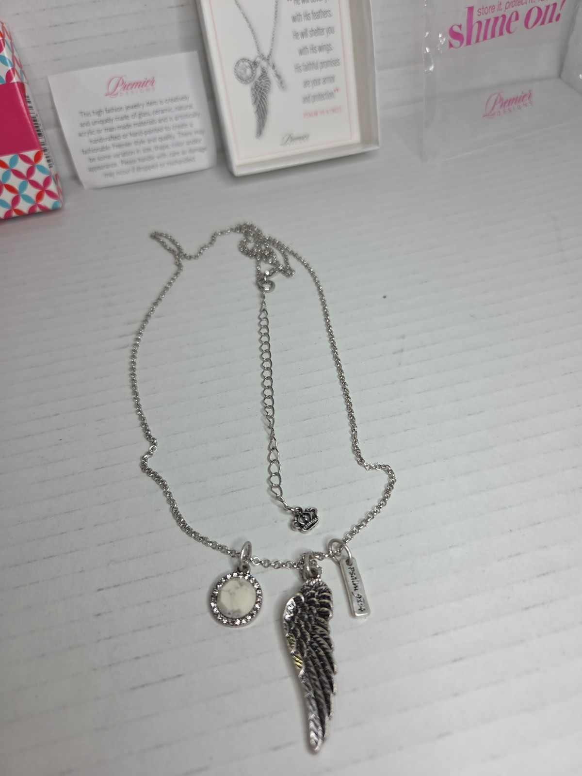 Premier Designs Silver Tone Angel Wing Charm Necklace 30in /W 4in Extender