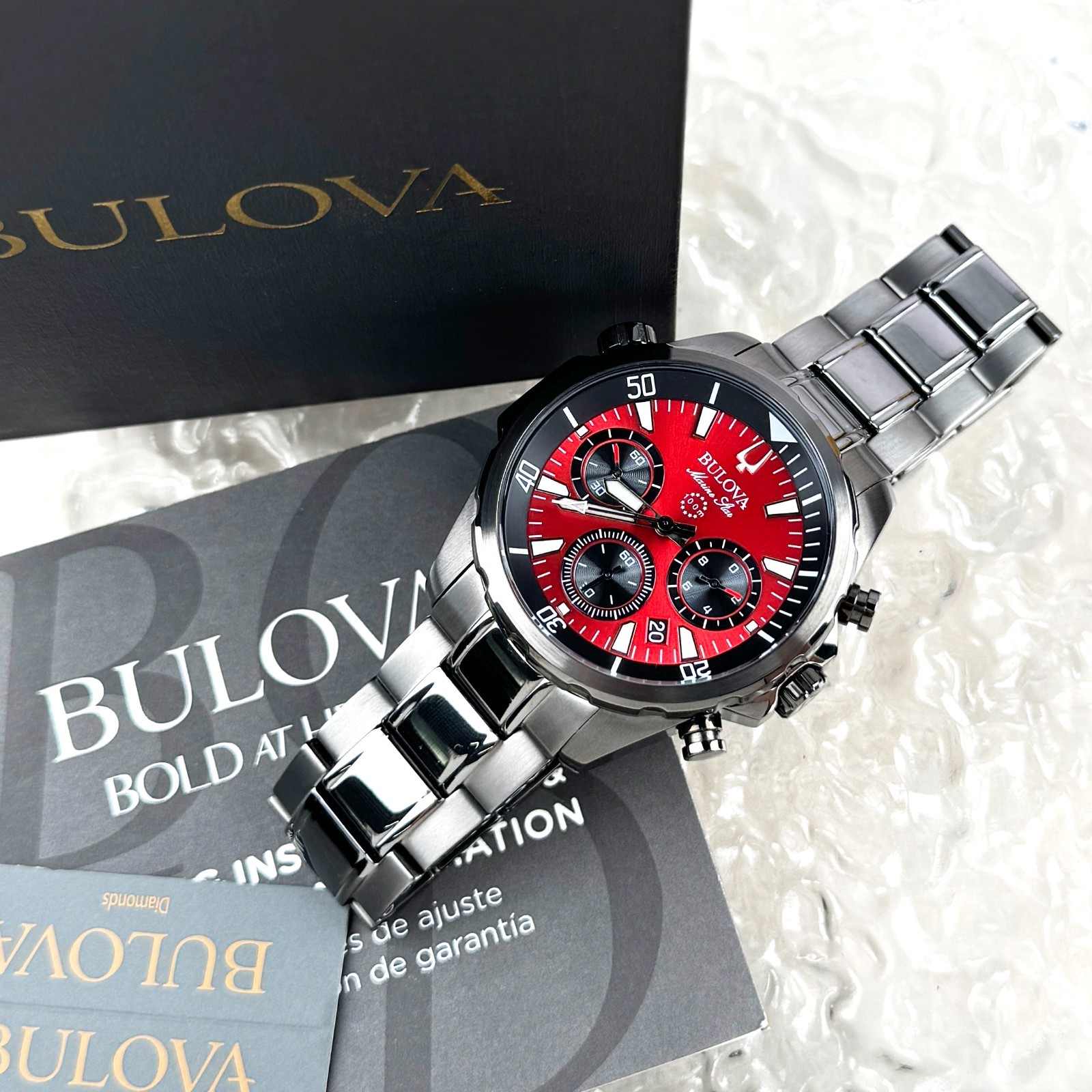 Bulova Marin Star Quartz stainless steel Red Dial Men’s watch 98B350 43mm