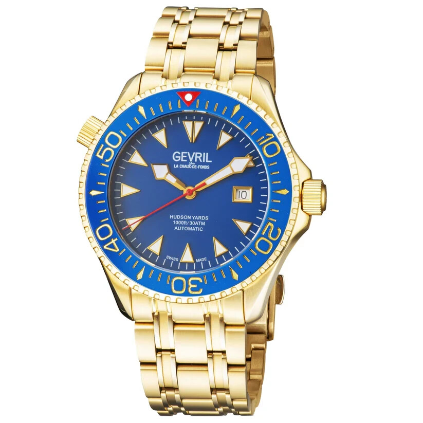 Gevri Men’s 48805 Hudson Yards 43mm Gold Tone Blue Dial Swiss Automatic Watch