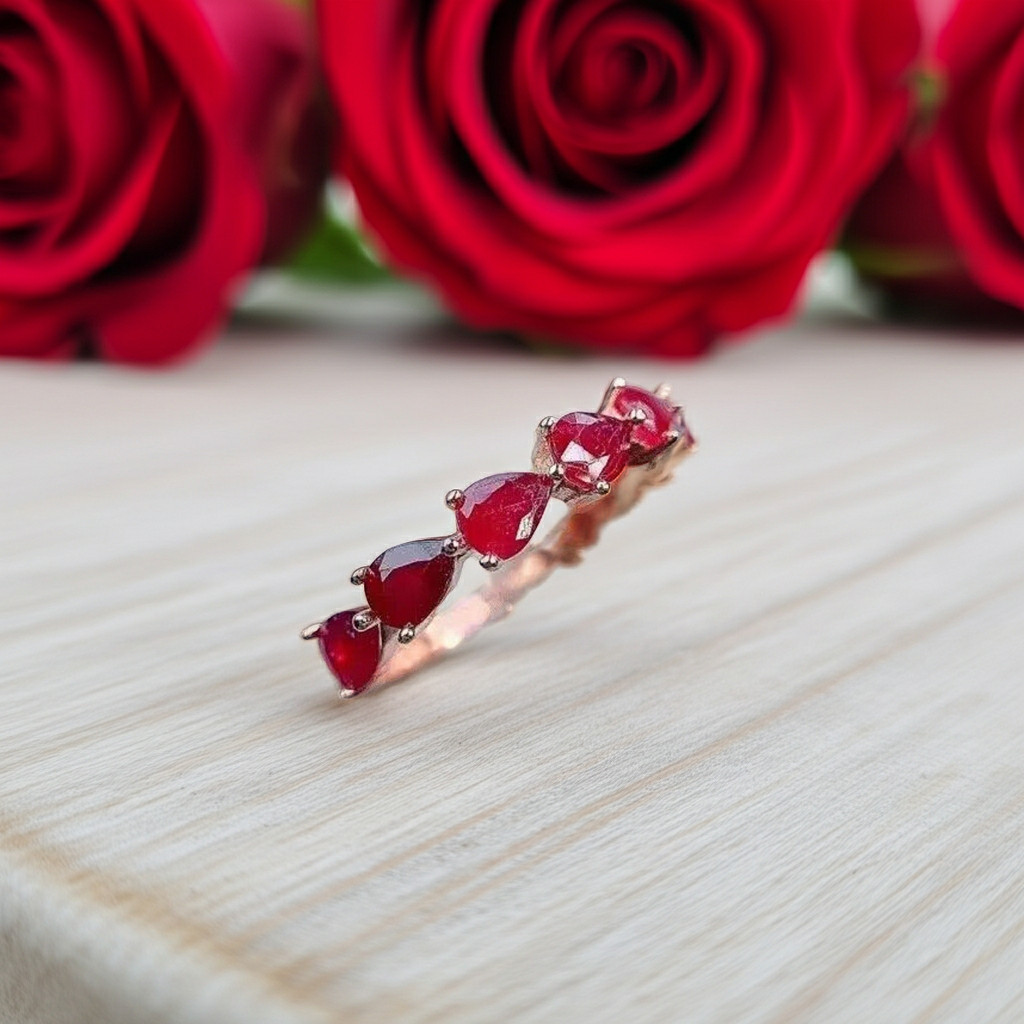 Natural Pear Cut Ruby Band Ring 3x4mm 925 Sterling Silver