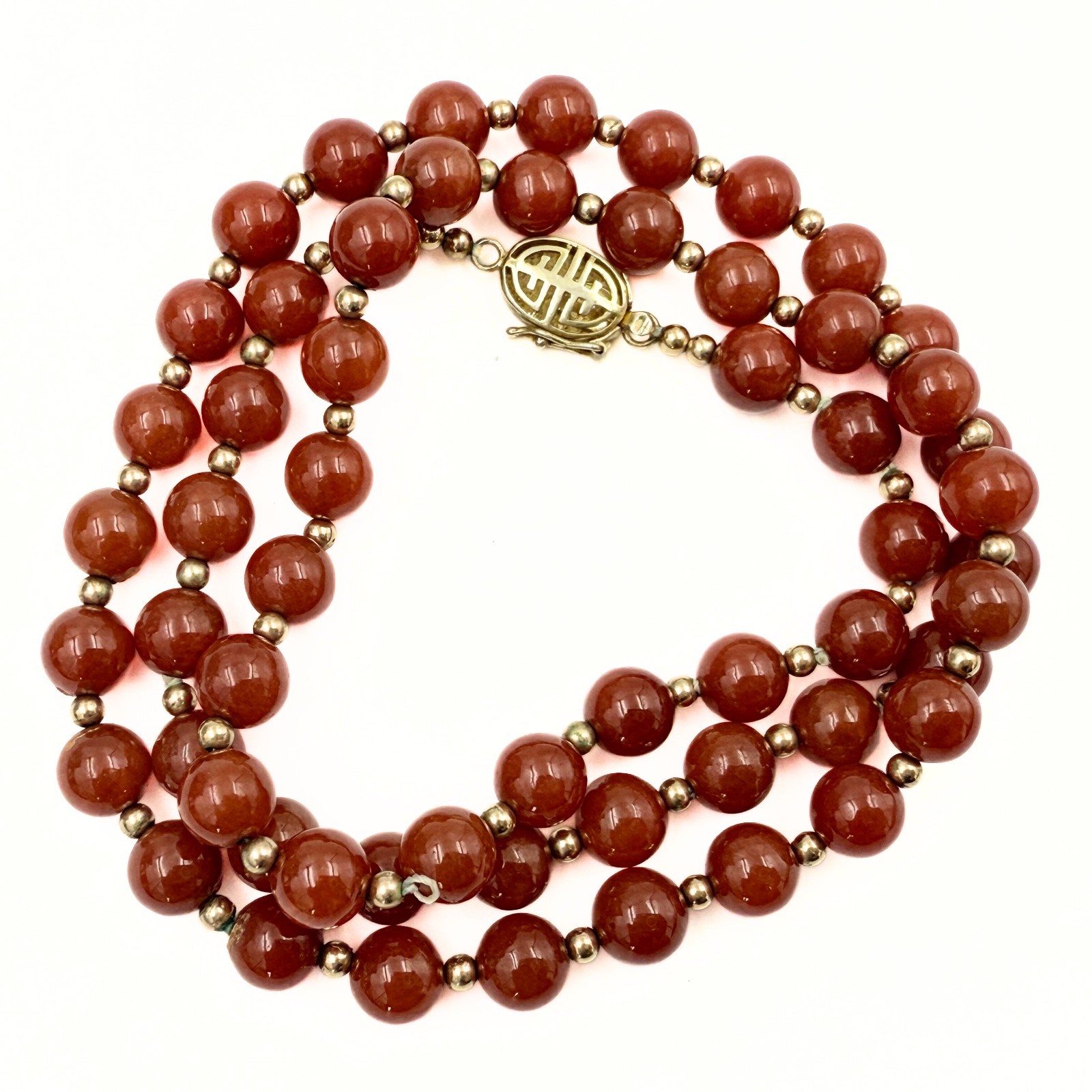 Vintage Chinese Export Marked Sterling Silver Vermeil Dark Orange Jadeite Beaded