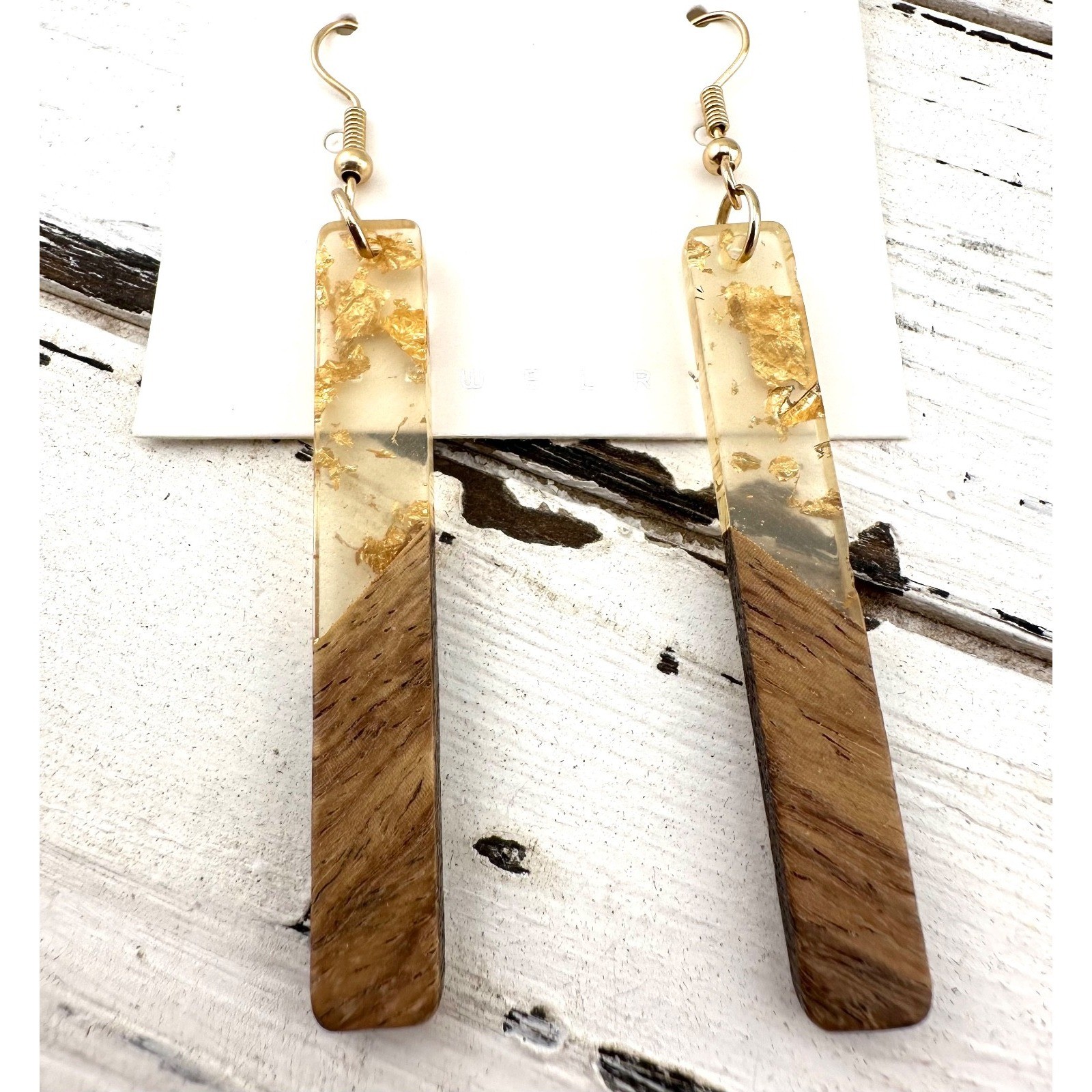 Wood Grain Acrylic Bar Earrings with Gold Leaf Boho NEW