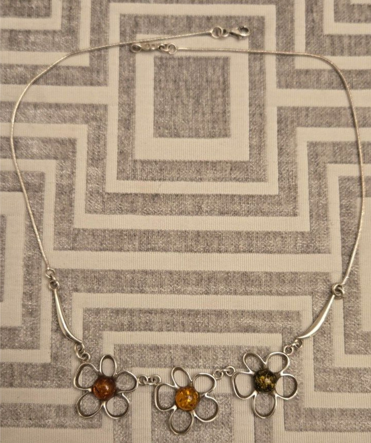 925 Solid Sterling Silver Multicolor Baltic Amber Flower Designer Necklace 19 in