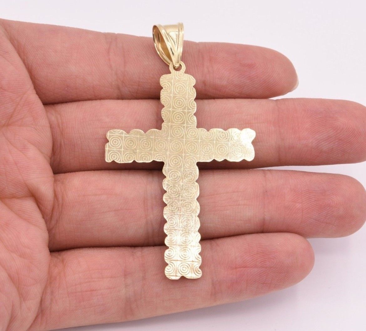2 3/4″ Big Nugget Textured Cross Pendant Charm Real 10K Yellow White Gold