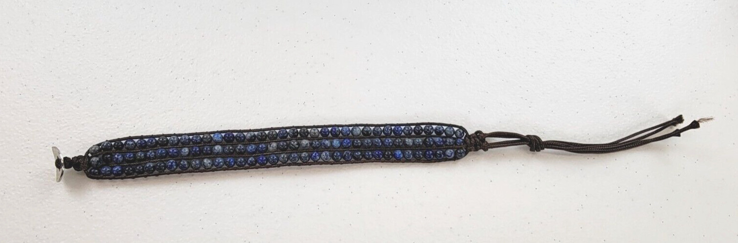 Lapis Lazuli Beaded Wrap Bracelet 6.5″ Brown Leather Cord Toggle Clasp Boho
