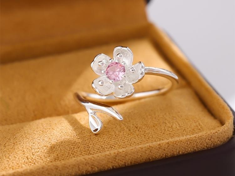 925 Sterling Silver Pink Crystal Flower Open Ring Elegant Adjustable Women Jew..