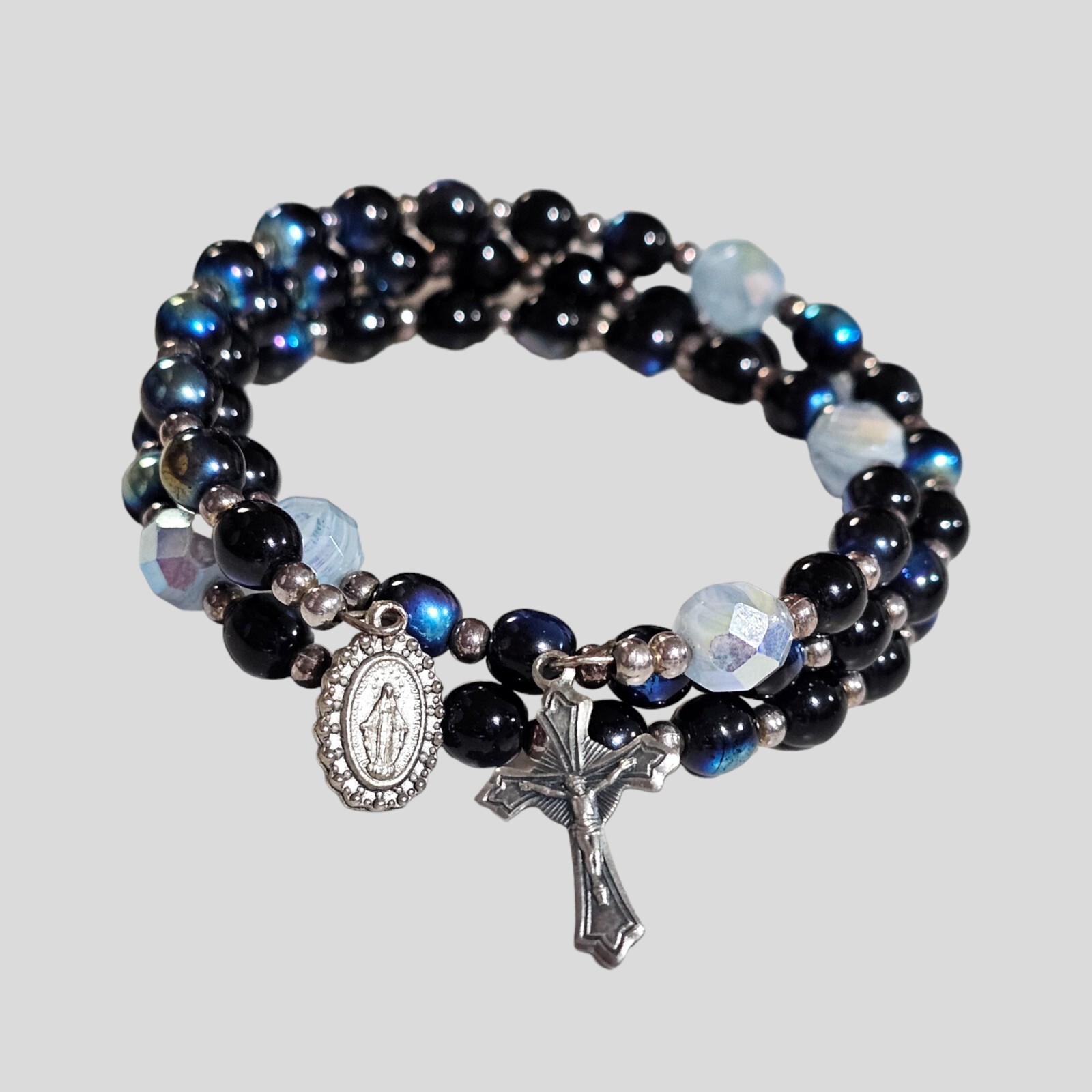 Religious Charm Beaded Coil Wire Wrap Cuff Bangle Bracelet One Size