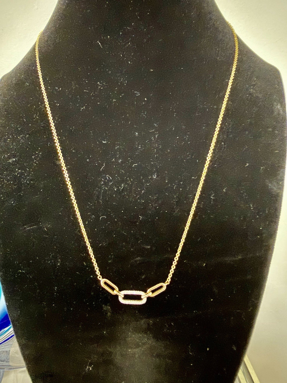 10K Yellow Solid Gold Pave Diamond Triple Paperclip Link Designer Necklace