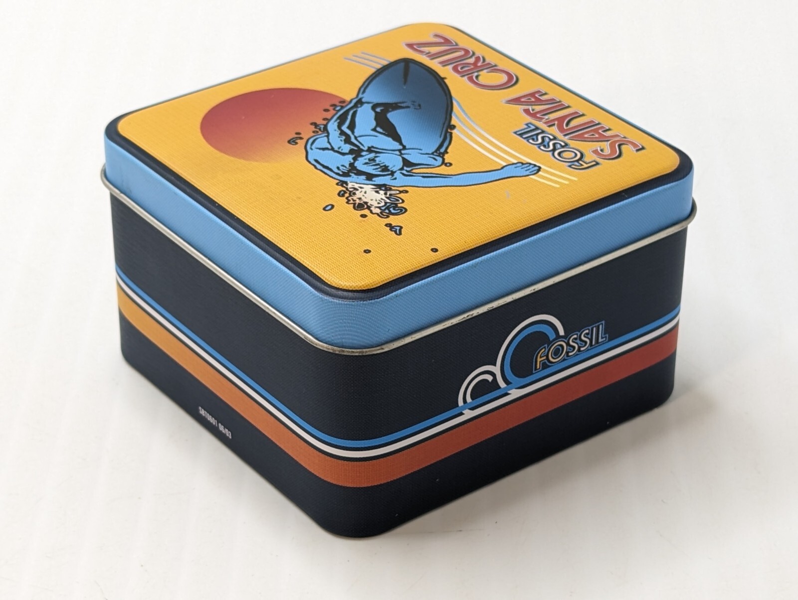 Fossil Empty Metal Watch Tin Box Santa Cruz Surfer 3.5×3.5×2.5″ RARE Ships Free