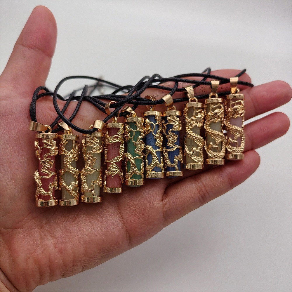10PC Glow In the Dark Natural Stone Dragon Pendant Pillar Charm Necklace Jewelry